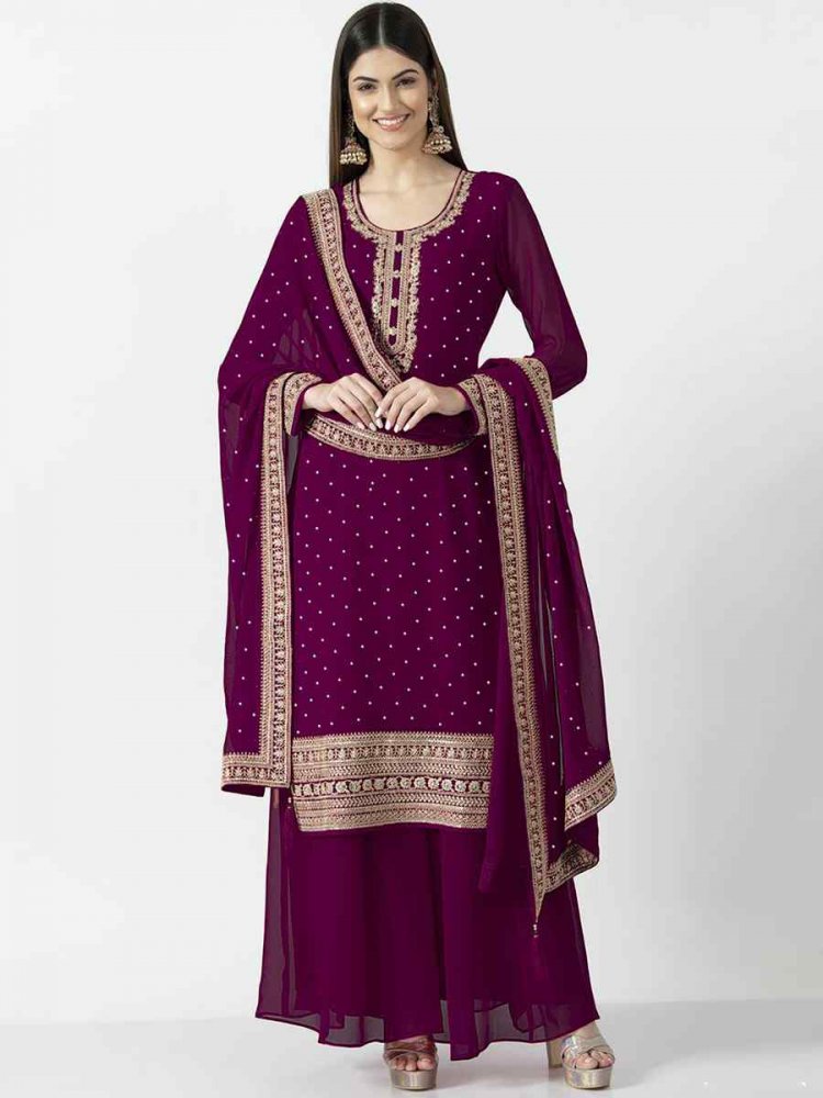 Purple Heavy Georgette Embroidered Festival Party Ready Palazzo Pant Salwar Kameez