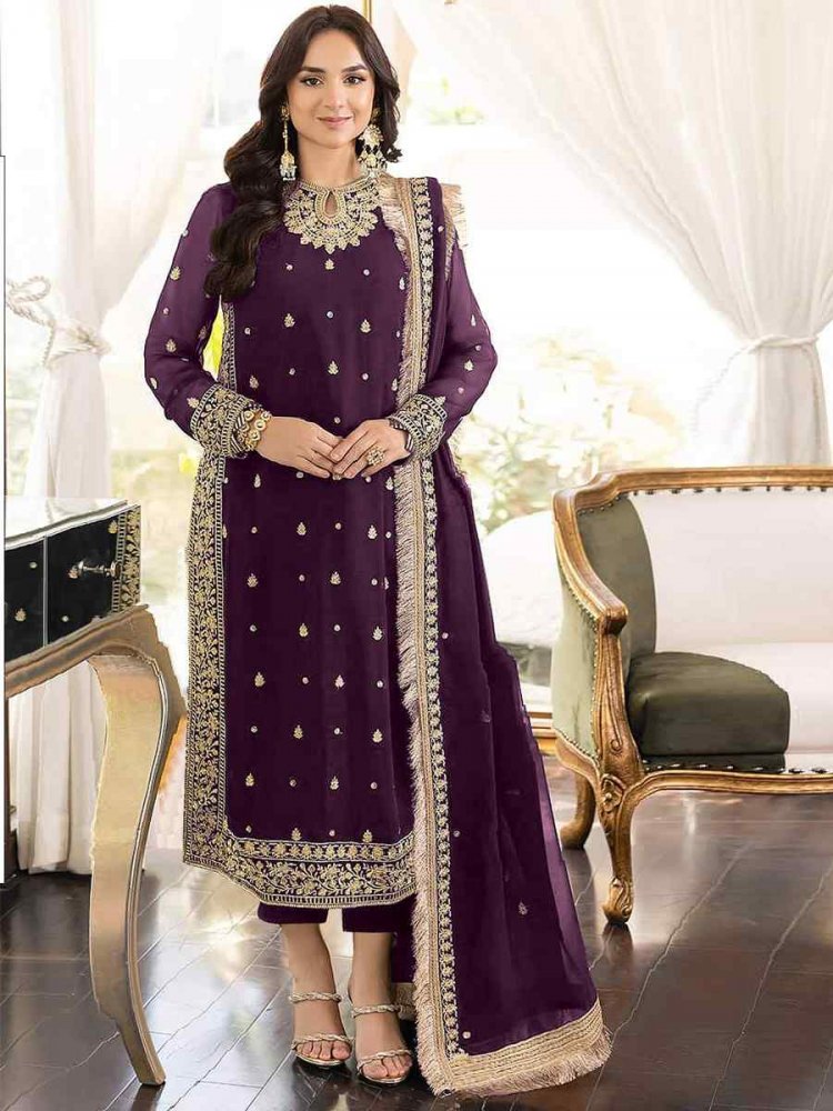 Purple Heavy Georgette Embroidered Wedding Party Pant Salwar Kameez