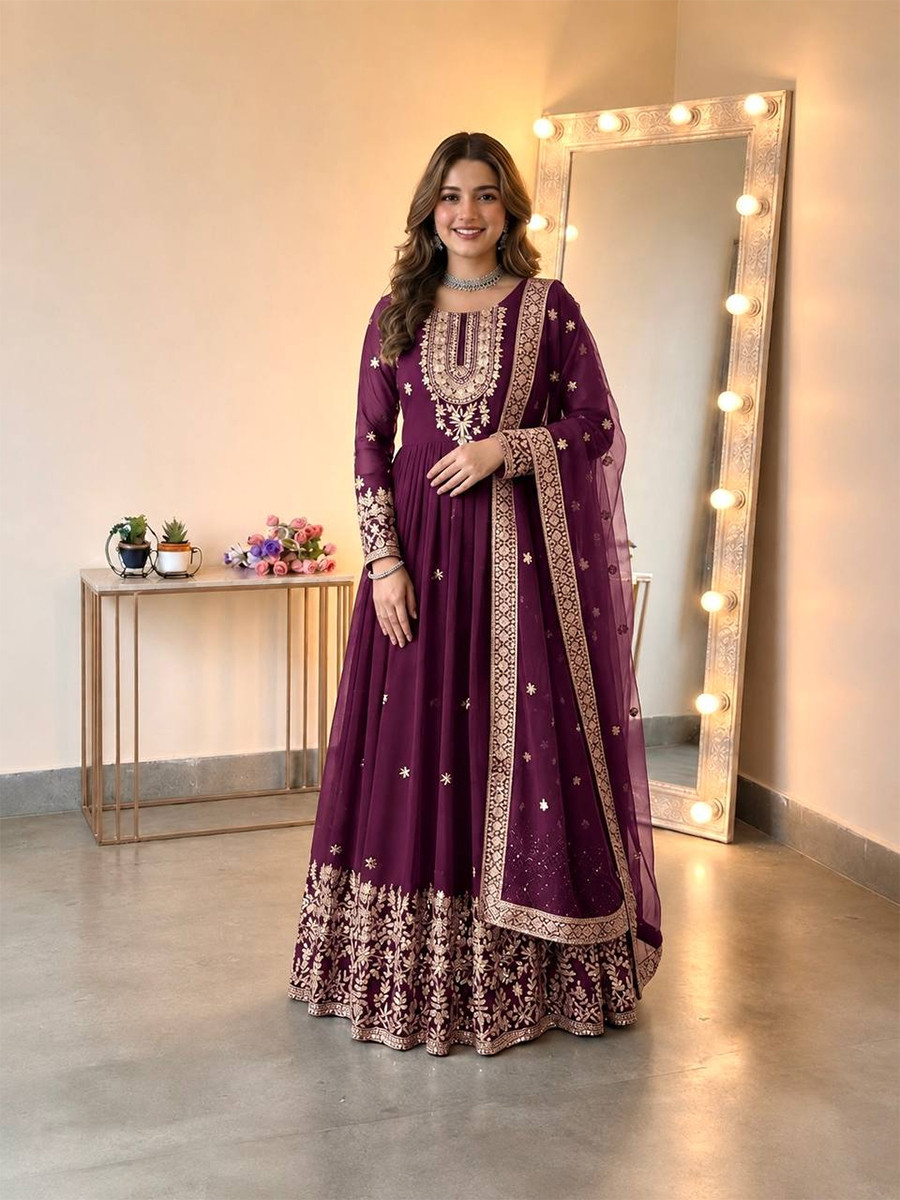 Purple Heavy Georgette Embroidery Sequins Wedding Party Festival Casual Ready Anarkali Pant Salwar Kameez
