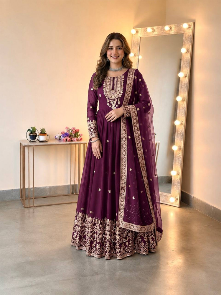 Image of Purple Heavy Georgette Embroidery Sequins Wedding Party Festival Casual Ready Anarkali Pant Salwar Kameez