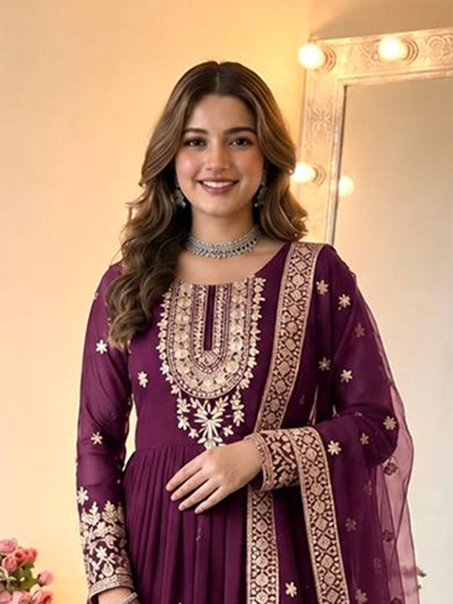 Purple Heavy Georgette Embroidery Sequins Wedding Party Festival Casual Ready Anarkali Pant Salwar Kameez