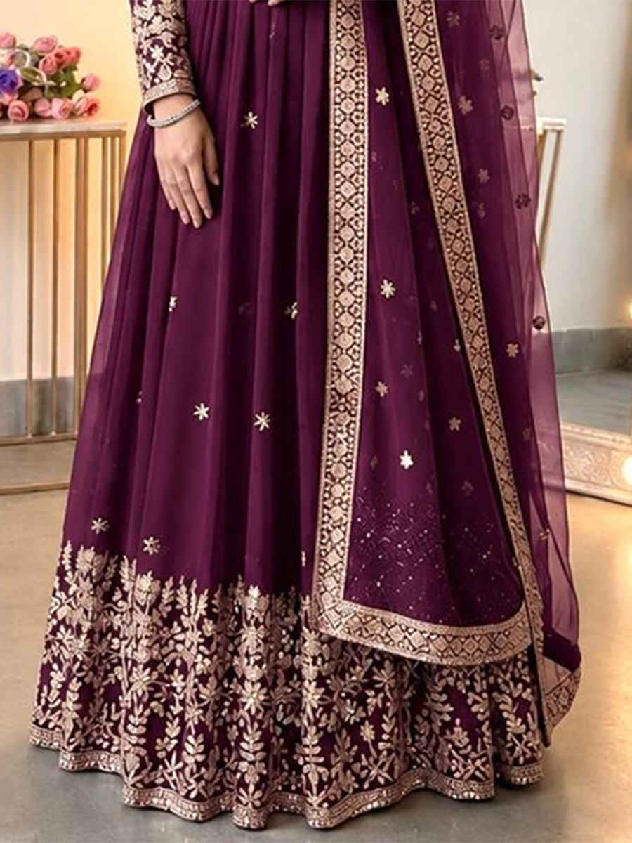 Purple Heavy Georgette Embroidery Sequins Wedding Party Festival Casual Ready Anarkali Pant Salwar Kameez