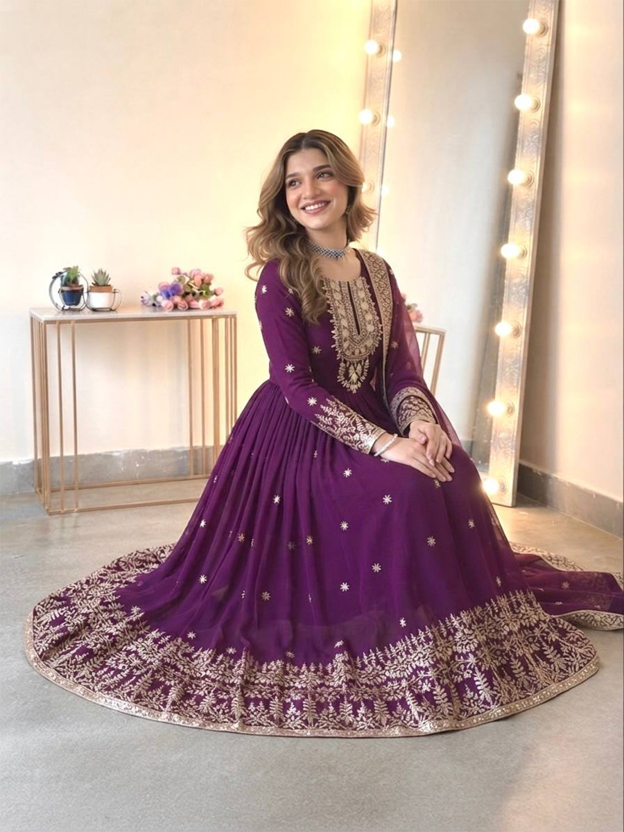 Purple Heavy Georgette Embroidery Sequins Wedding Party Festival Casual Ready Anarkali Pant Salwar Kameez
