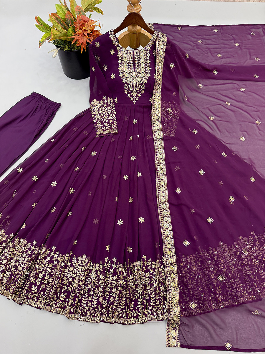 Purple Heavy Georgette Embroidery Sequins Wedding Party Festival Casual Ready Anarkali Pant Salwar Kameez
