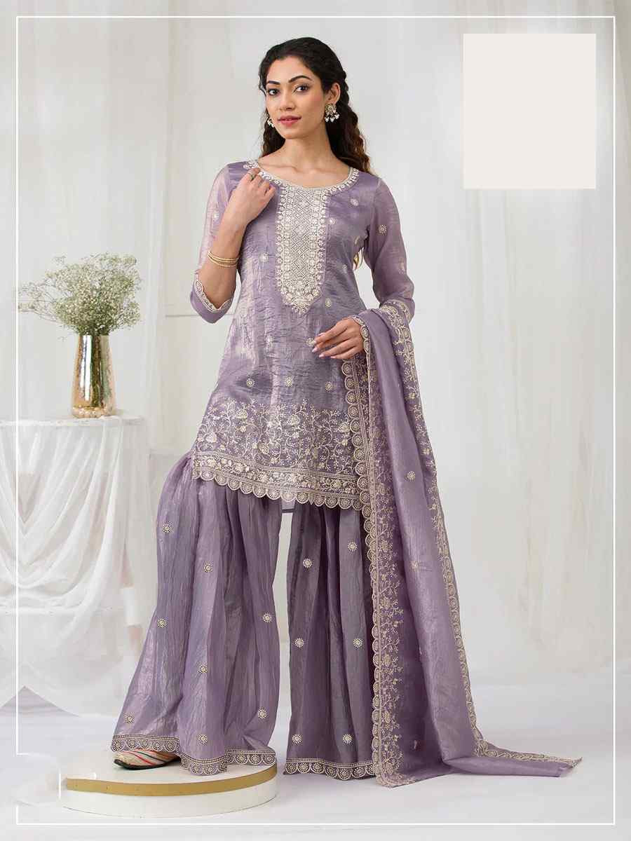 Purple Heavy Gold Crush Georgette Embroidered Festival Wedding Sharara Pant Salwar Kameez