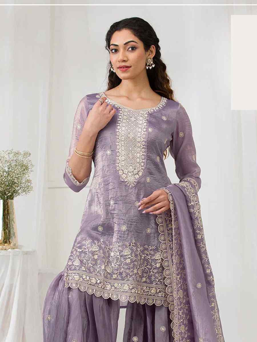 Purple Heavy Gold Crush Georgette Embroidered Festival Wedding Sharara Pant Salwar Kameez