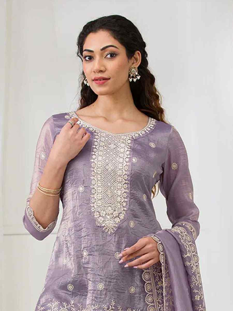 Purple Heavy Gold Crush Georgette Embroidered Festival Wedding Sharara Pant Salwar Kameez