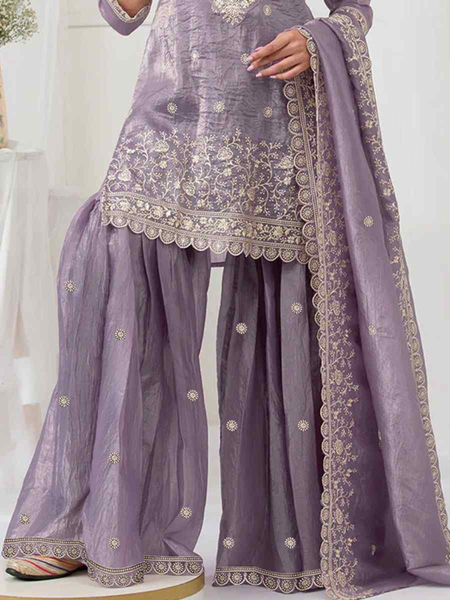 Purple Heavy Gold Crush Georgette Embroidered Festival Wedding Sharara Pant Salwar Kameez