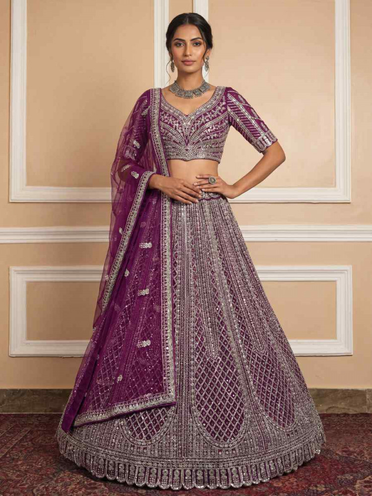 Image of Purple Heavy Net Embroidery Bridal Wedding Reception Festival Heavy Border Lehenga Choli