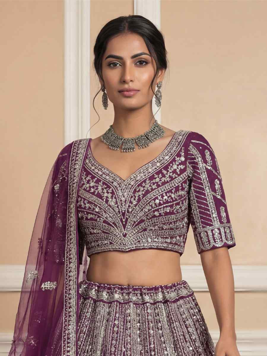 Purple Heavy Net Embroidery Bridal Wedding Reception Festival Heavy Border Lehenga Choli