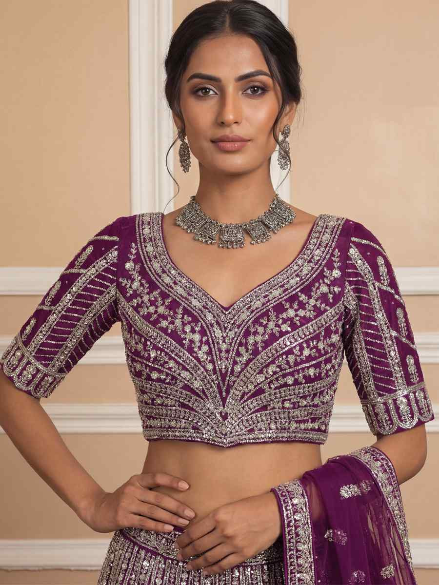 Purple Heavy Net Embroidery Bridal Wedding Reception Festival Heavy Border Lehenga Choli