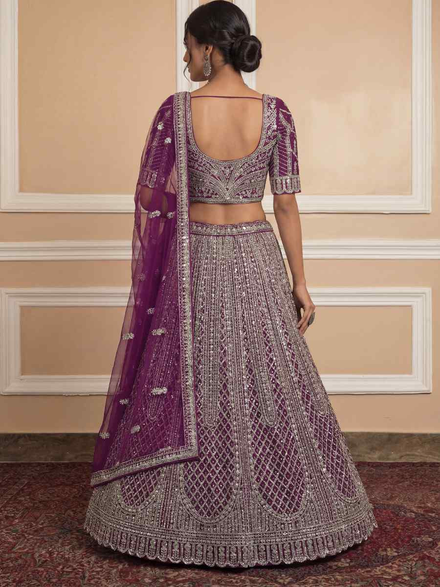Purple Heavy Net Embroidery Bridal Wedding Reception Festival Heavy Border Lehenga Choli