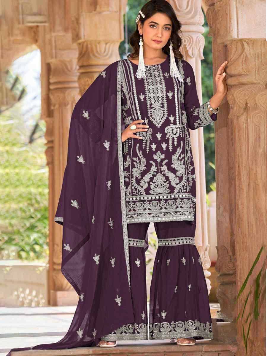 Purple Heavy Nylon Organza Embroidered Festival Wedding Sharara Pant Salwar Kameez