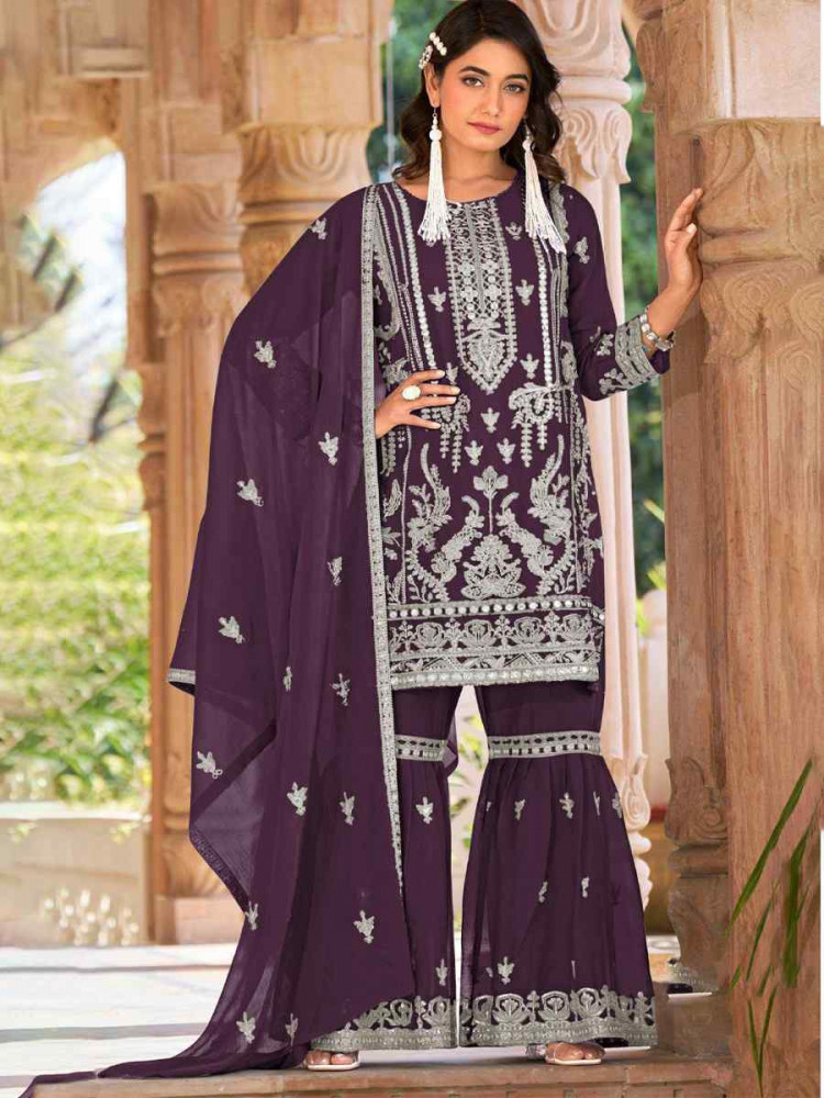 Image of Purple Heavy Nylon Organza Embroidered Festival Wedding Sharara Pant Salwar Kameez