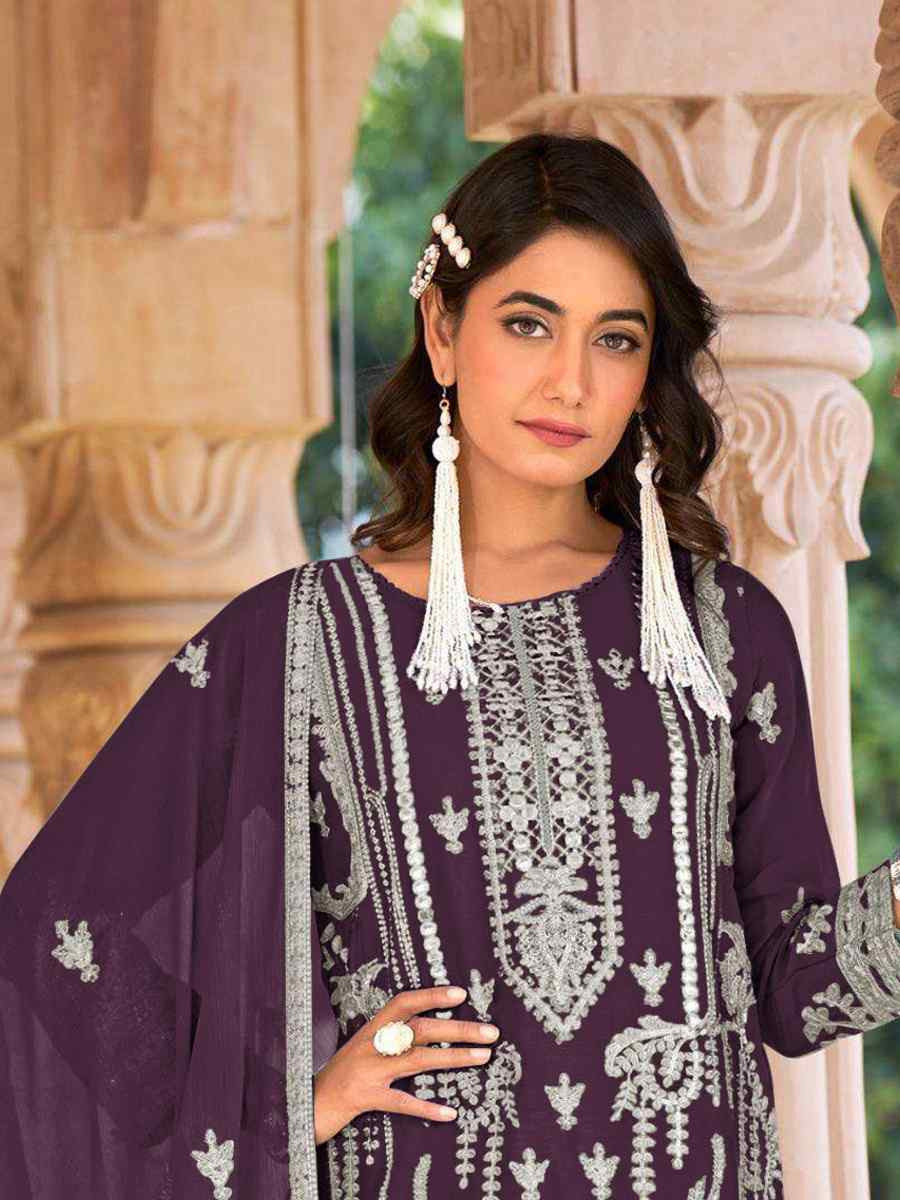 Purple Heavy Nylon Organza Embroidered Festival Wedding Sharara Pant Salwar Kameez