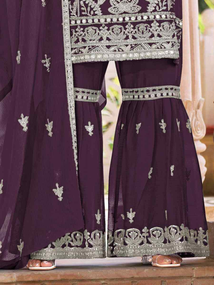 Purple Heavy Nylon Organza Embroidered Festival Wedding Sharara Pant Salwar Kameez