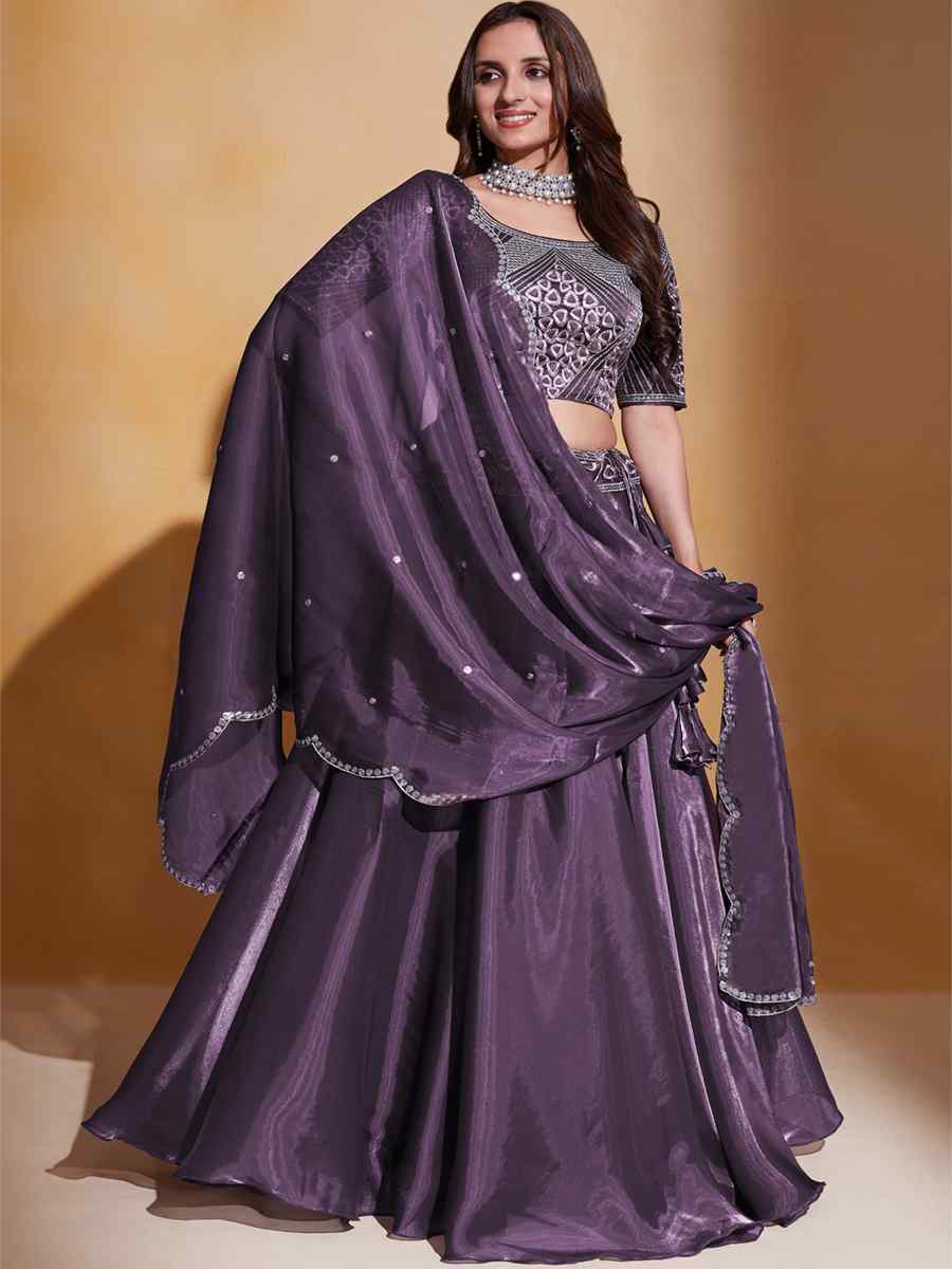 Purple Heavy Organza Embroidered Festival Party Wear Circular Lehenga Choli