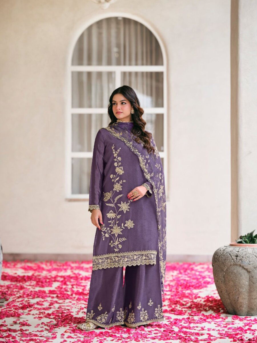 Purple Heavy Premium Chiffon Embroidery Wedding Party Festival Casual Palazzo Pant Salwar Kameez