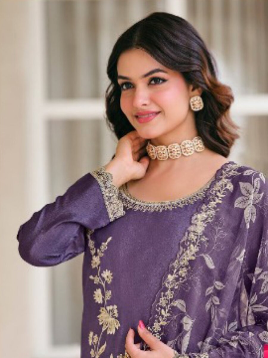 Purple Heavy Premium Chiffon Embroidery Wedding Party Festival Casual Palazzo Pant Salwar Kameez