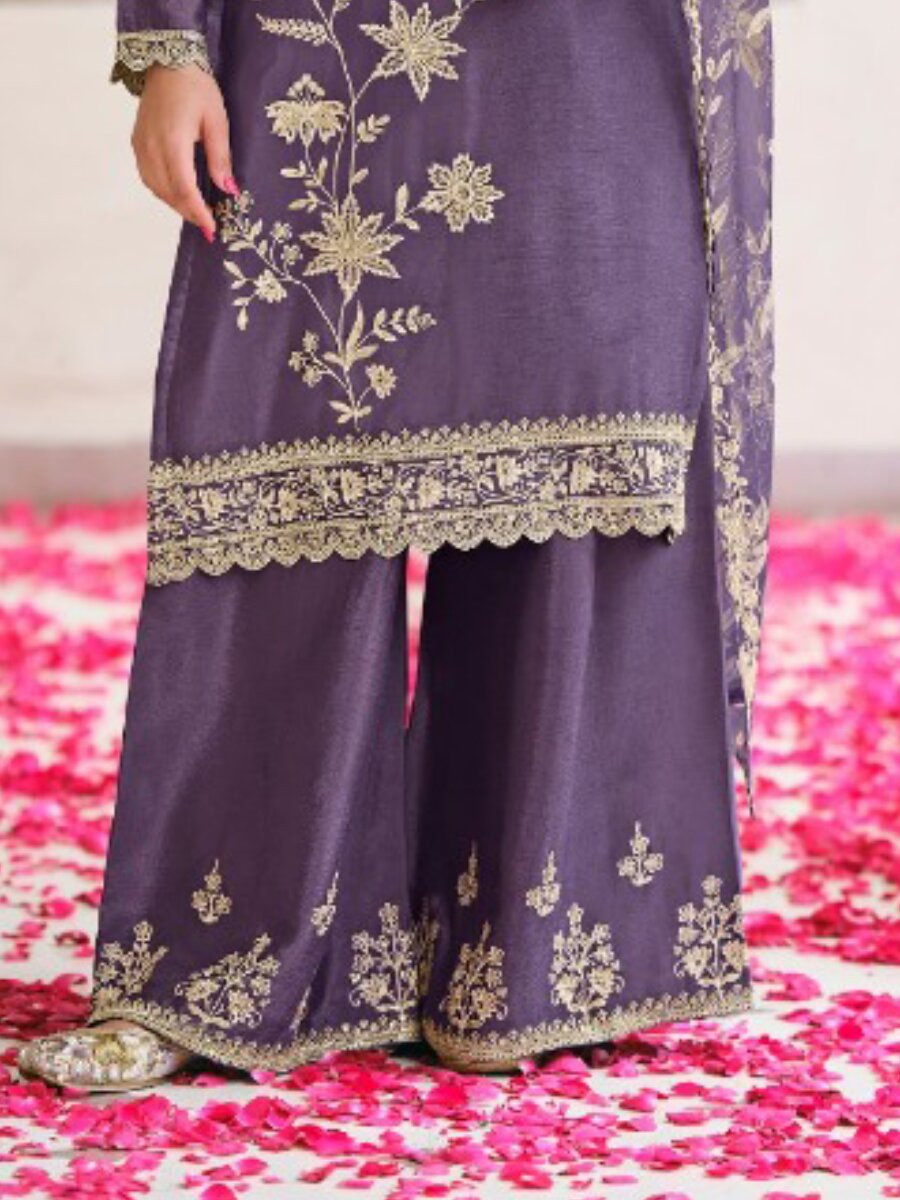 Purple Heavy Premium Chiffon Embroidery Wedding Party Festival Casual Palazzo Pant Salwar Kameez