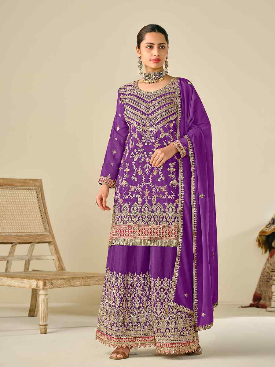 Purple Heavy Premium Chinon Embroidered Festive Wedding Ready Palazzo Pant Salwar Kameez