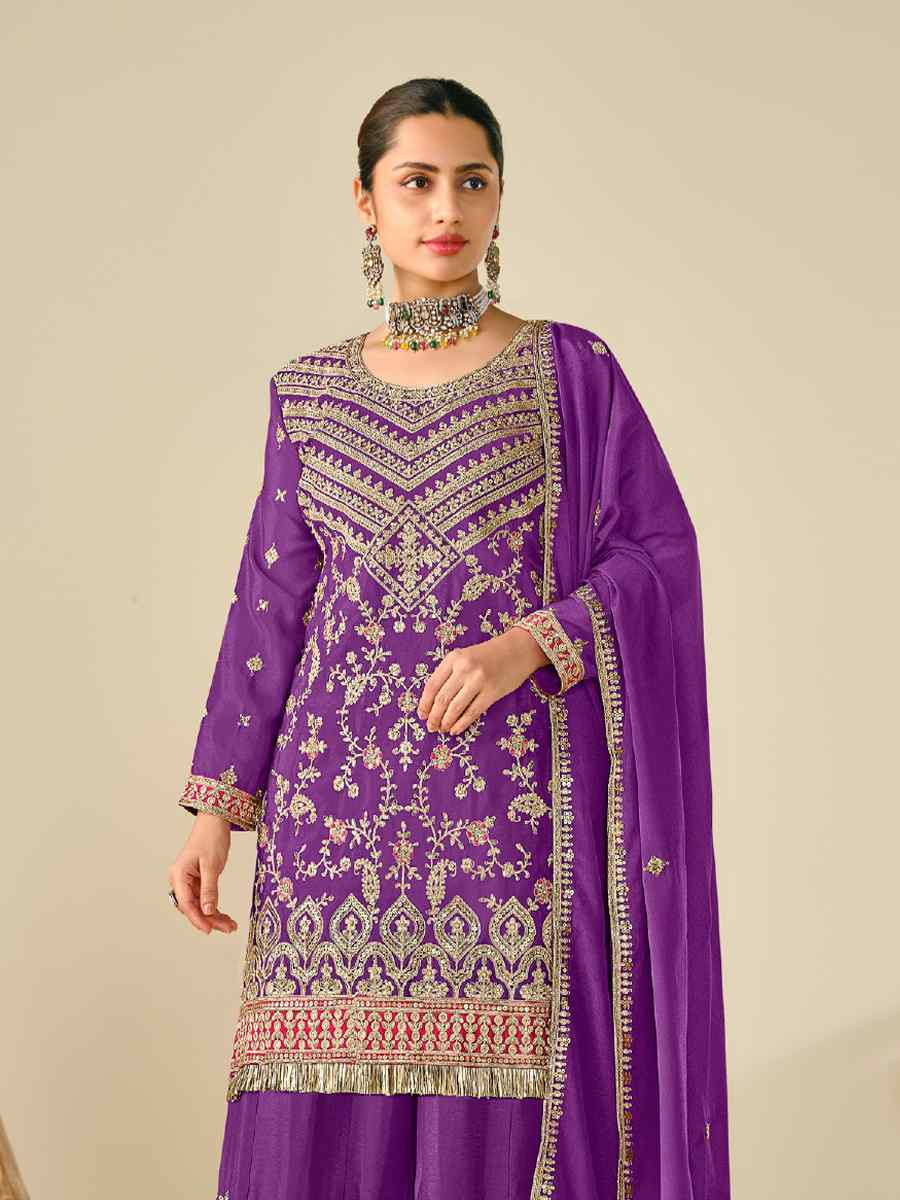 Purple Heavy Premium Chinon Embroidered Festive Wedding Ready Palazzo Pant Salwar Kameez