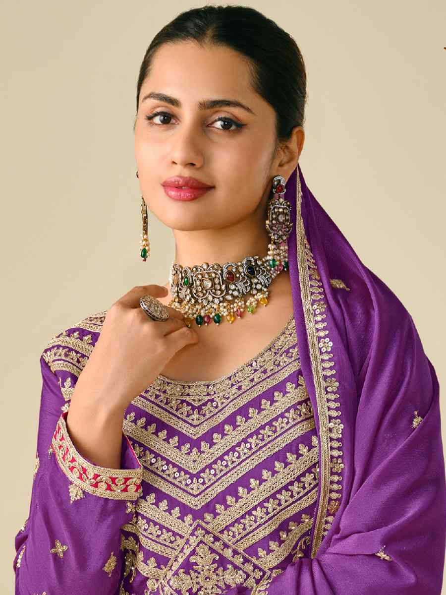 Purple Heavy Premium Chinon Embroidered Festive Wedding Ready Palazzo Pant Salwar Kameez