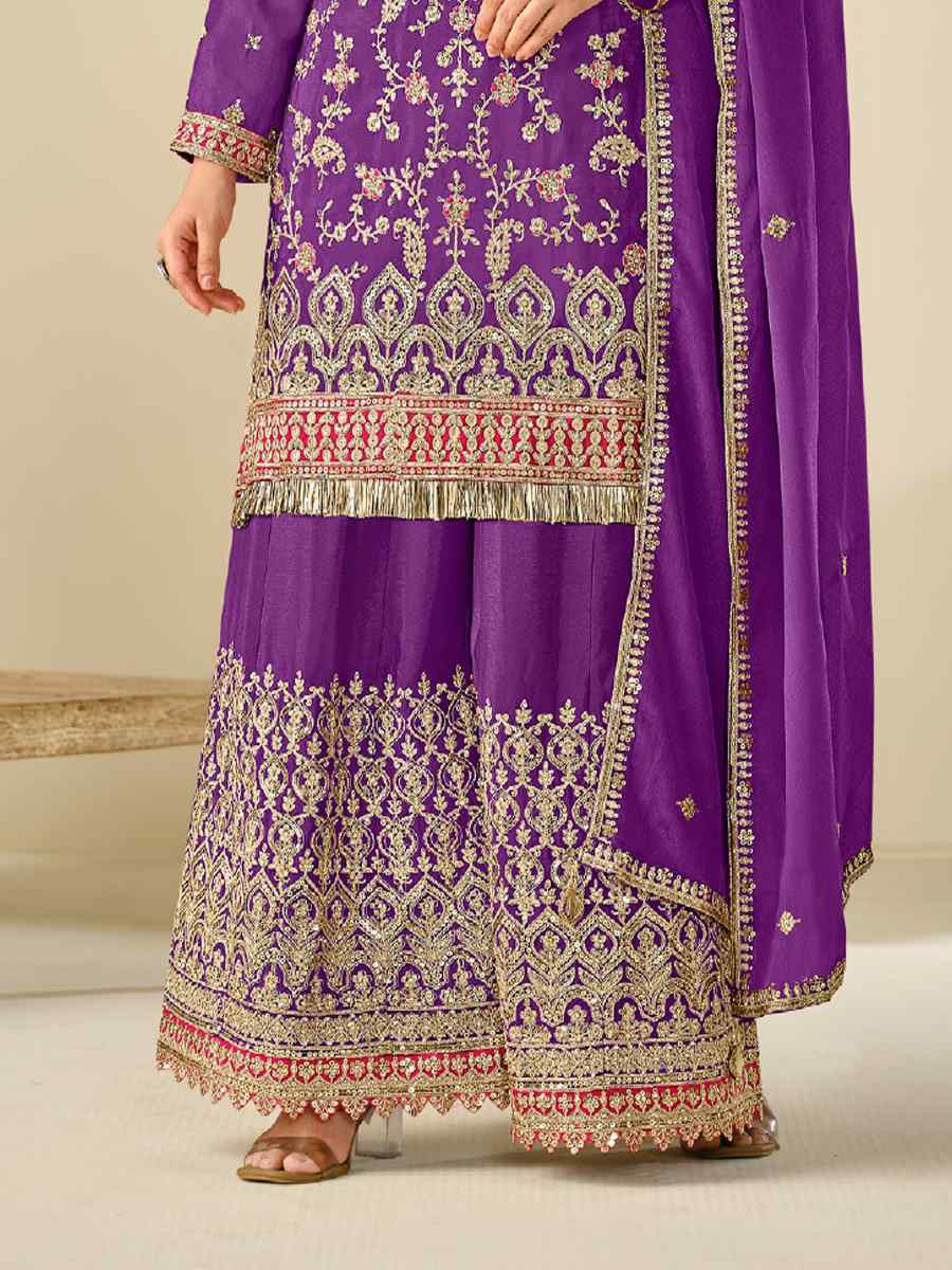Purple Heavy Premium Chinon Embroidered Festive Wedding Ready Palazzo Pant Salwar Kameez