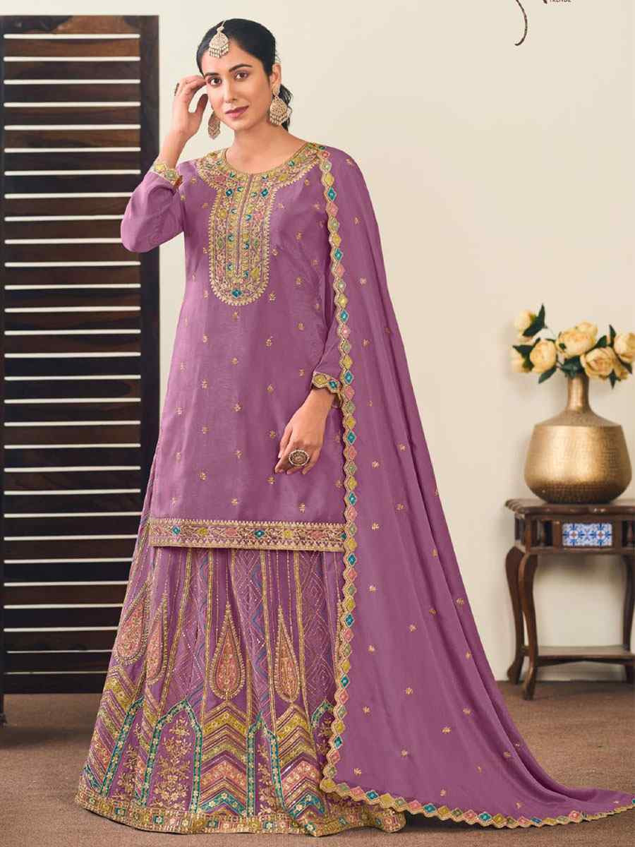Purple Heavy Premium Chinon Embroidery Party Wedding Festival Casual Ready Kurti Lehenga Choli