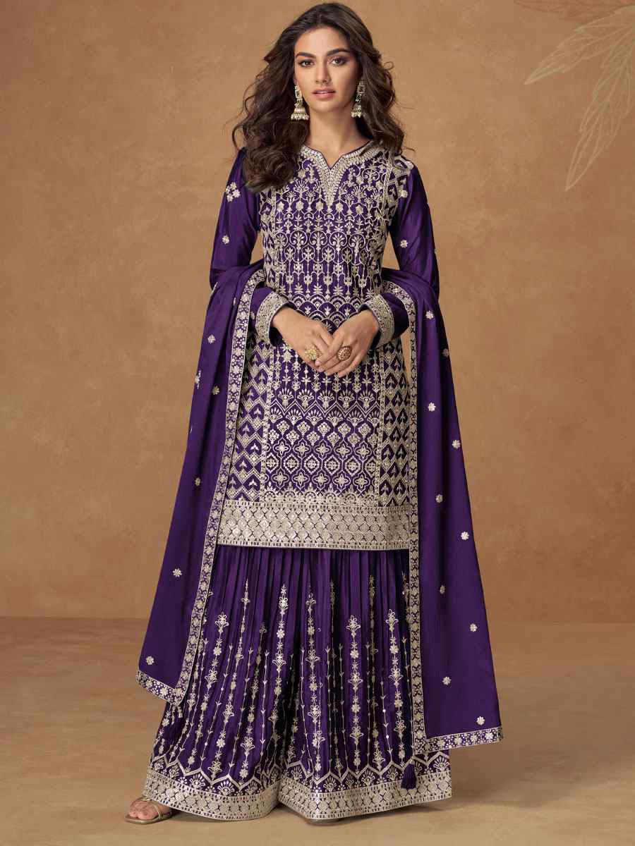 Purple Heavy Premium Chinon Embroidery Party Wedding Festival Casual Ready Palazzo Pant Salwar Kameez