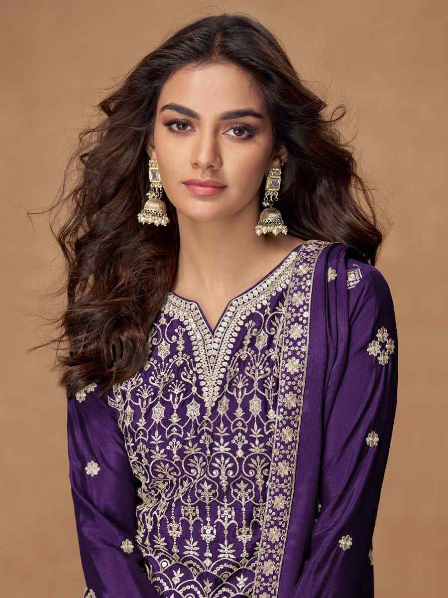 Purple Heavy Premium Chinon Embroidery Party Wedding Festival Casual Ready Palazzo Pant Salwar Kameez