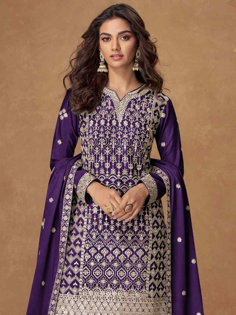 Purple Heavy Premium Chinon Embroidery Party Wedding Festival Casual Ready Palazzo Pant Salwar Kameez