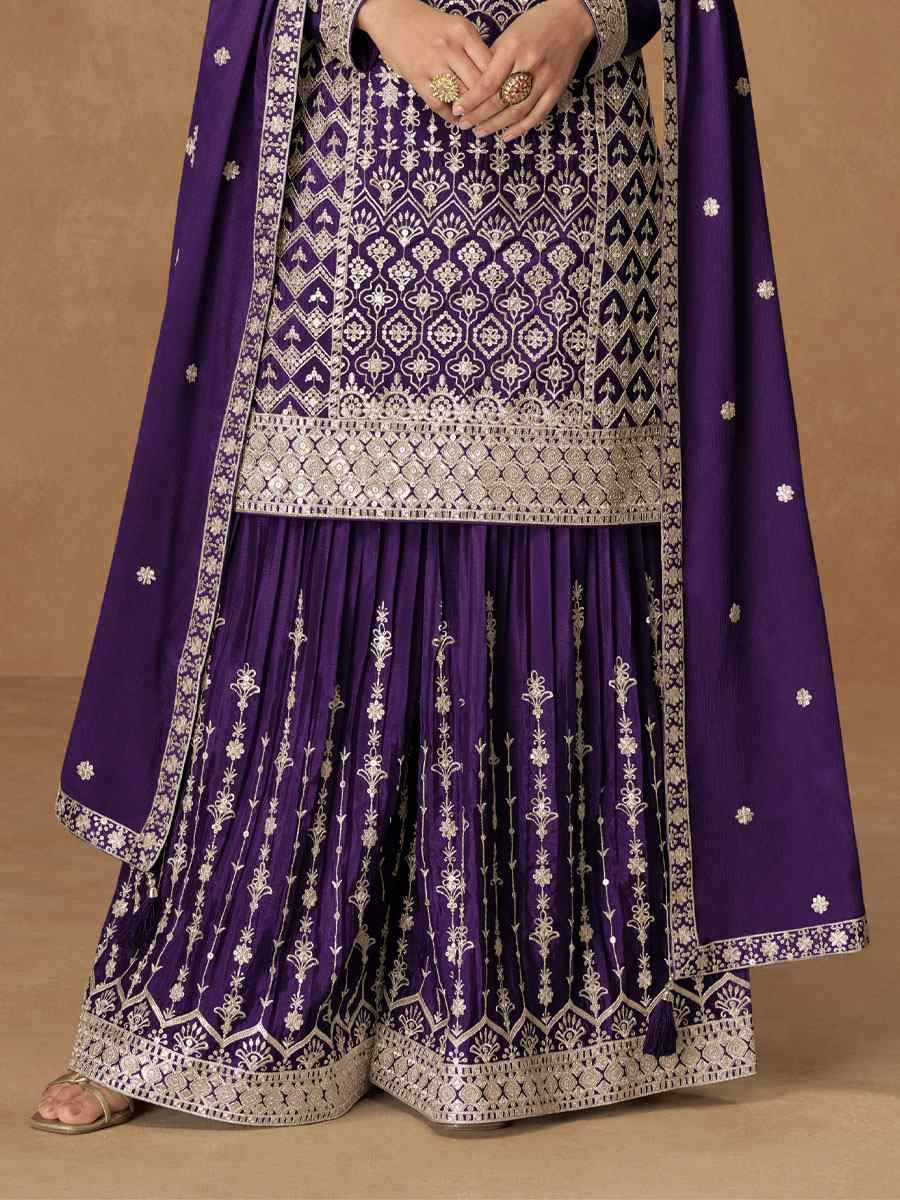Purple Heavy Premium Chinon Embroidery Party Wedding Festival Casual Ready Palazzo Pant Salwar Kameez