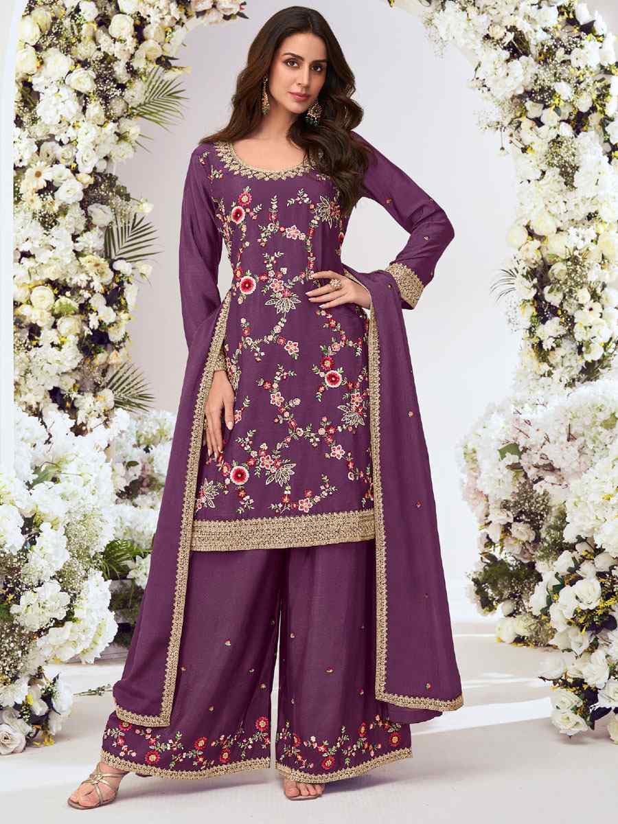 Purple Heavy Premium Chinon Embroidery Party Wedding Festival Casual Ready Palazzo Pant Salwar Kameez