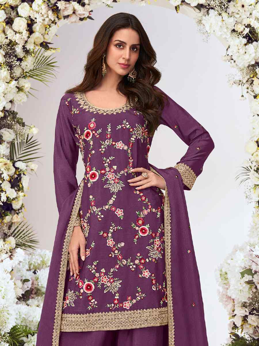 Purple Heavy Premium Chinon Embroidery Party Wedding Festival Casual Ready Palazzo Pant Salwar Kameez