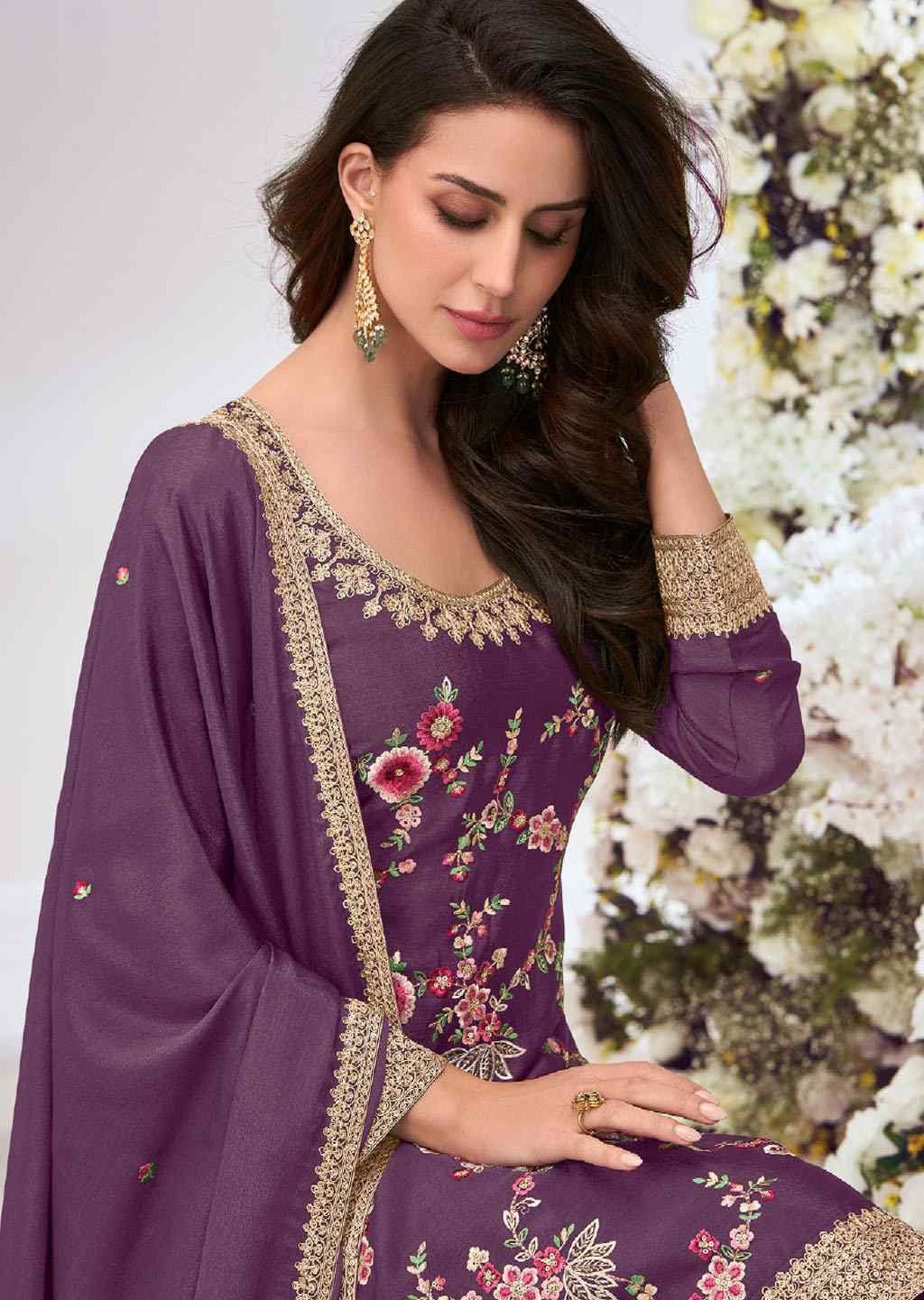 Purple Heavy Premium Chinon Embroidery Party Wedding Festival Casual Ready Palazzo Pant Salwar Kameez