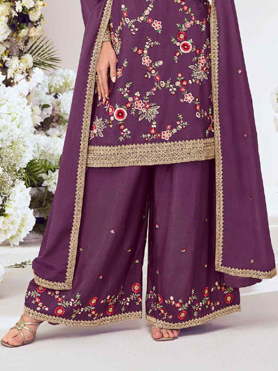Purple Heavy Premium Chinon Embroidery Party Wedding Festival Casual Ready Palazzo Pant Salwar Kameez