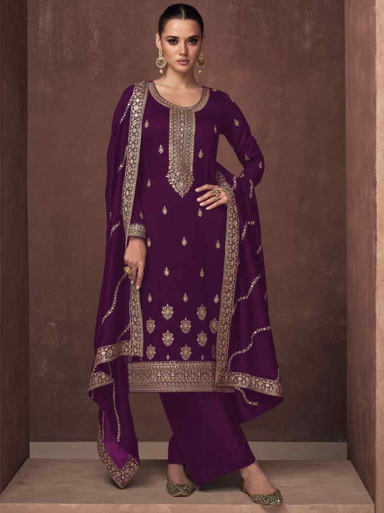 Purple Heavy Premium Silk Embroidered Festival Mehendi Pant Salwar Kameez