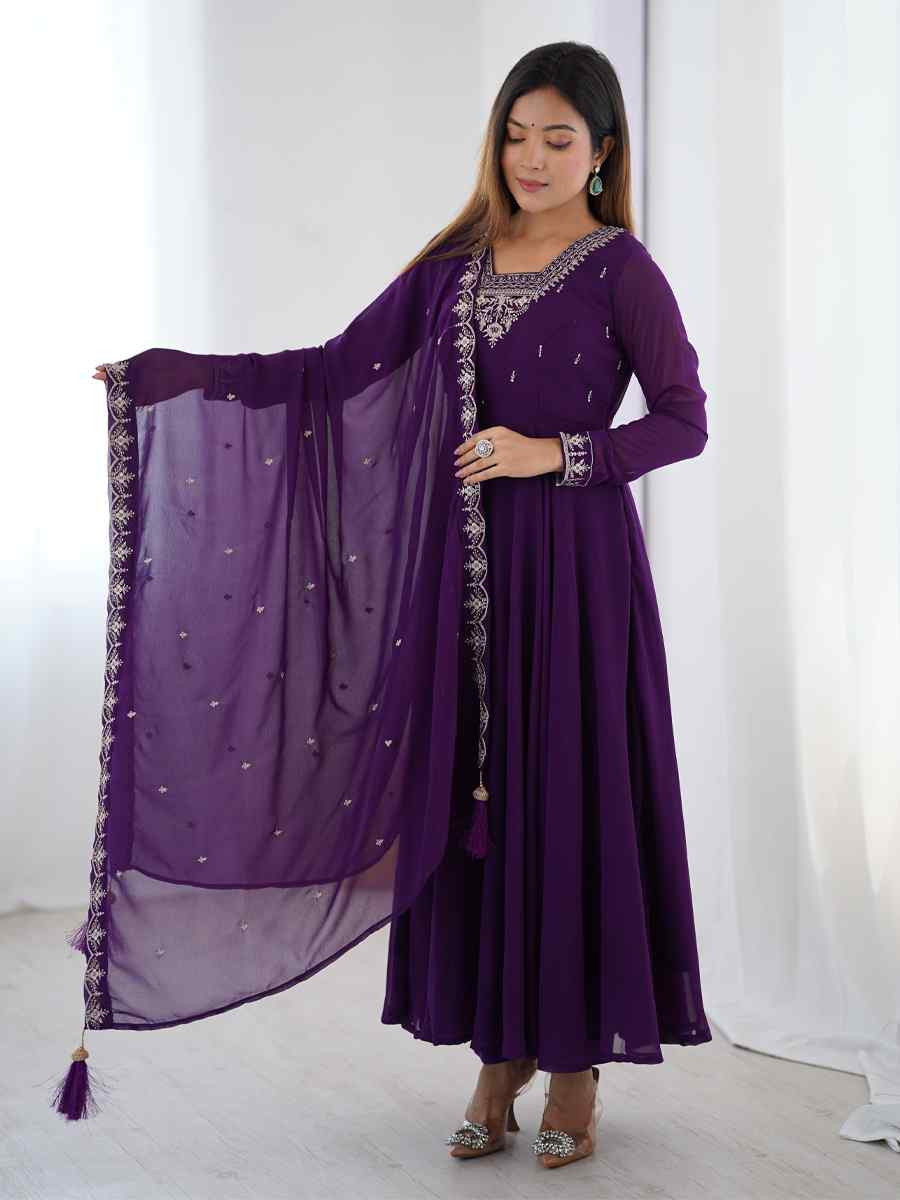 Purple Heavy Pure Soft Fox Georgette Embroidered Festival Casual Ready Anarkali Salwar Kameez