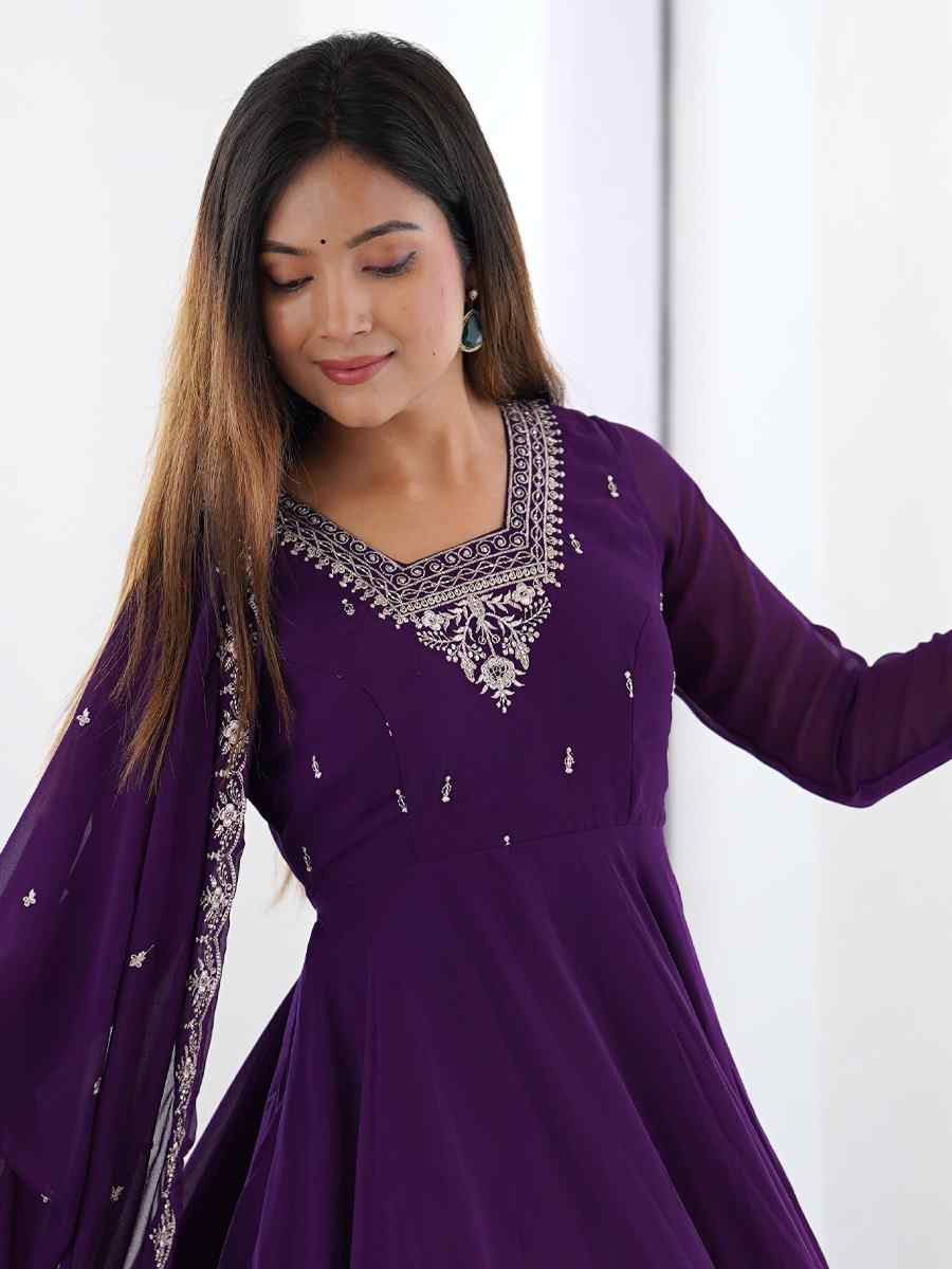 Purple Heavy Pure Soft Fox Georgette Embroidered Festival Casual Ready Anarkali Salwar Kameez