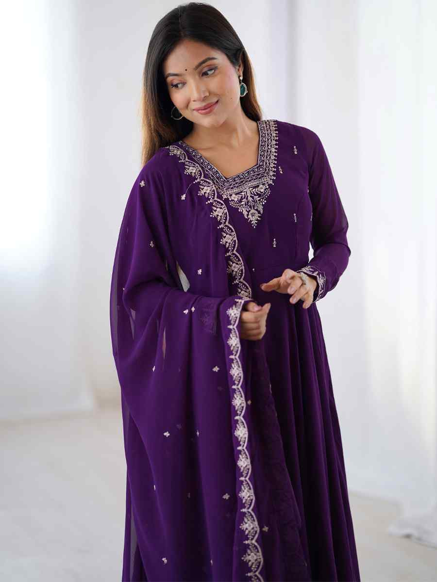 Purple Heavy Pure Soft Fox Georgette Embroidered Festival Casual Ready Anarkali Salwar Kameez