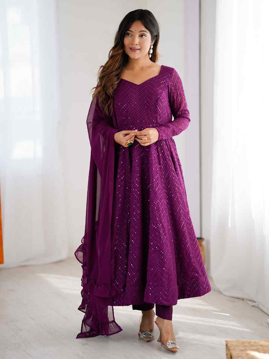 Purple Heavy Pure Soft Fox Georgette Embroidered Party Wedding Ready Anarkali Salwar Kameez