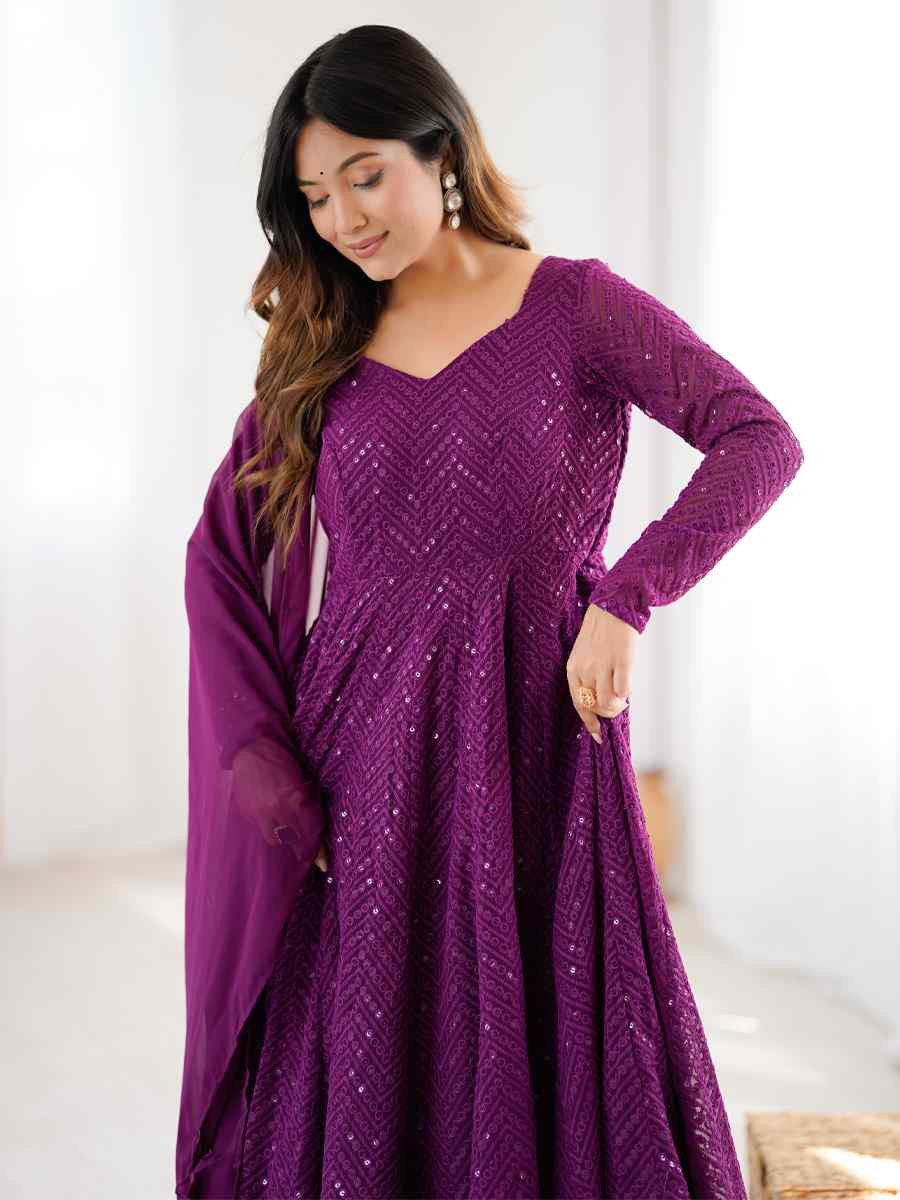 Purple Heavy Pure Soft Fox Georgette Embroidered Party Wedding Ready Anarkali Salwar Kameez