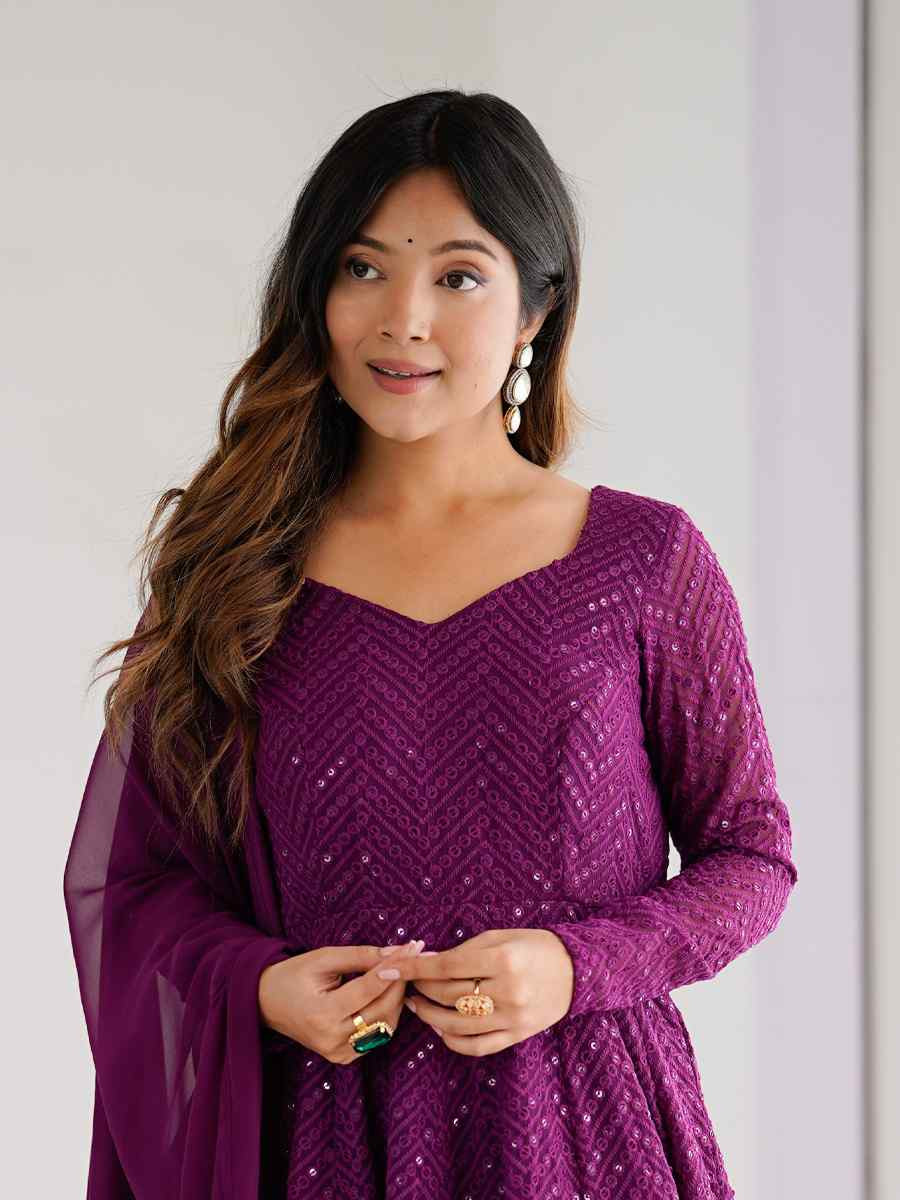 Purple Heavy Pure Soft Fox Georgette Embroidered Party Wedding Ready Anarkali Salwar Kameez