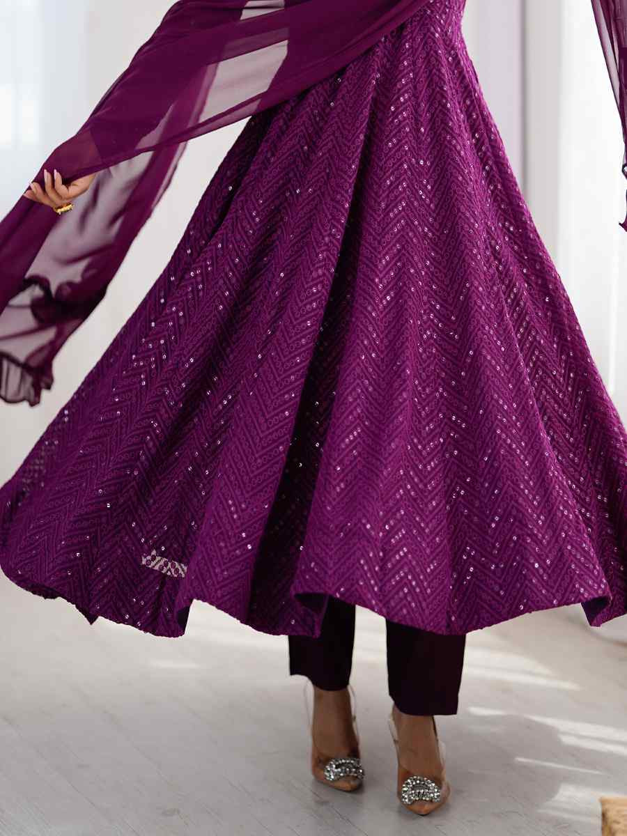 Purple Heavy Pure Soft Fox Georgette Embroidered Party Wedding Ready Anarkali Salwar Kameez