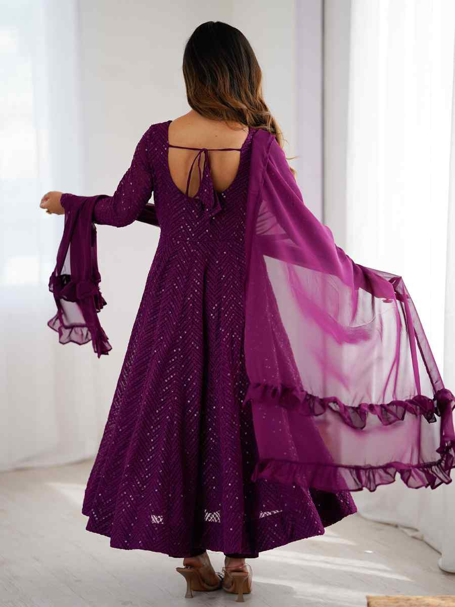 Purple Heavy Pure Soft Fox Georgette Embroidered Party Wedding Ready Anarkali Salwar Kameez