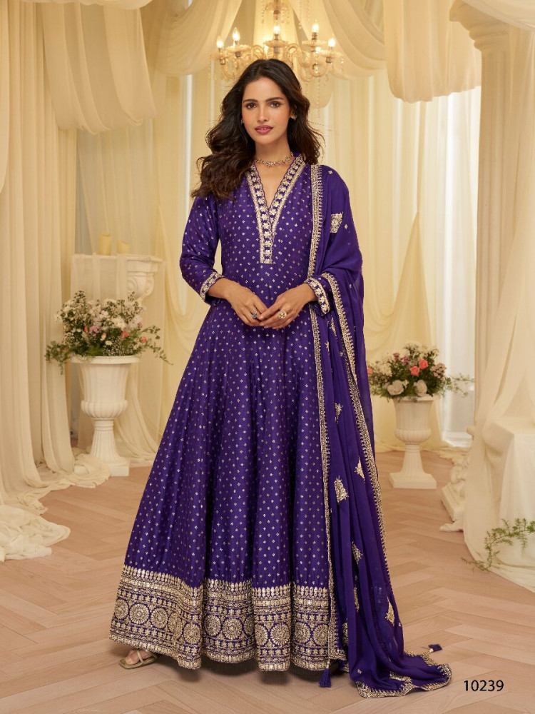 Image of Purple Heavy Pure Viscos Jecquard Silk Embroidery Zari Wedding Party Festival Casual Ready Anarkali Salwar Kameez
