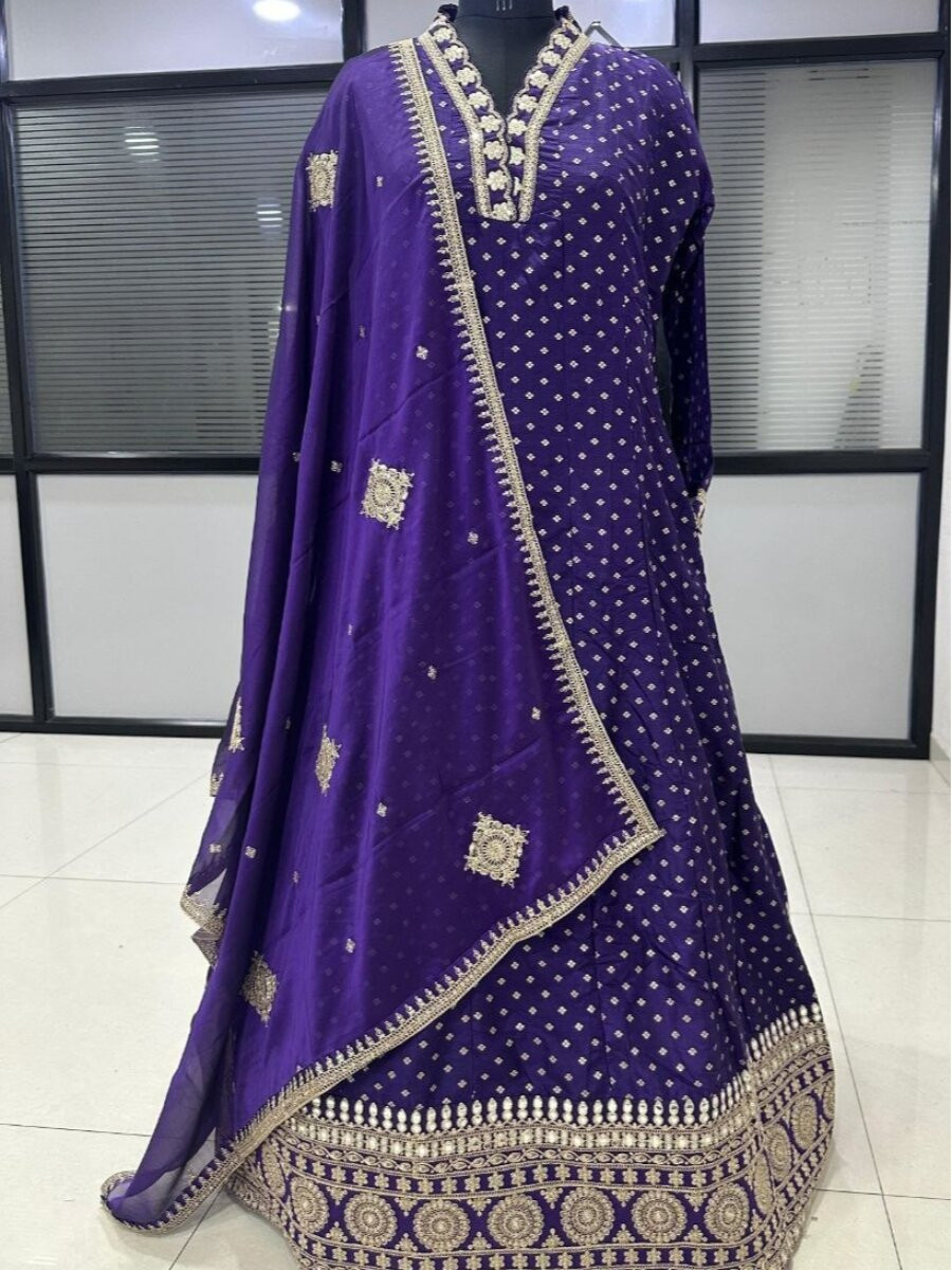 Purple Heavy Pure Viscos Jecquard Silk Embroidery Zari Wedding Party Festival Casual Ready Anarkali Salwar Kameez