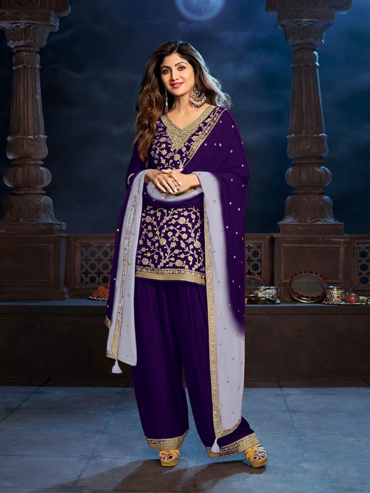 Image of Purple Heavy Pure Viscose Dola Silk Embroidery Zari Wedding Party Festival Palazzo Pant Bollywood Style Salwar Kameez