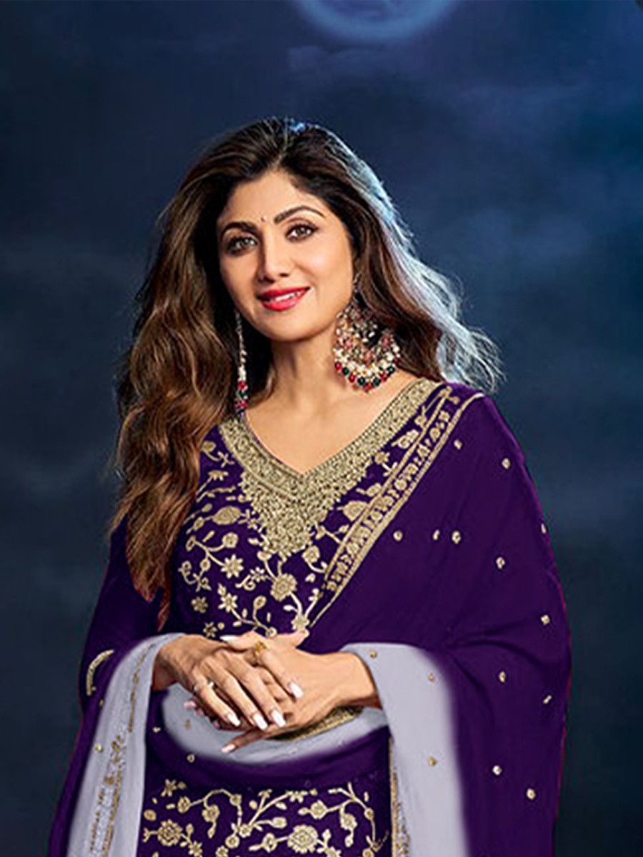 Purple Heavy Pure Viscose Dola Silk Embroidery Zari Wedding Party Festival Palazzo Pant Bollywood Style Salwar Kameez